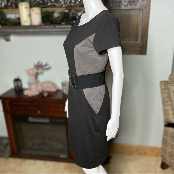 Roulette Black Gray Colorblock Side Panels Short Cap Sleeves Belted Dress Size 4 - Picture 13 of 15